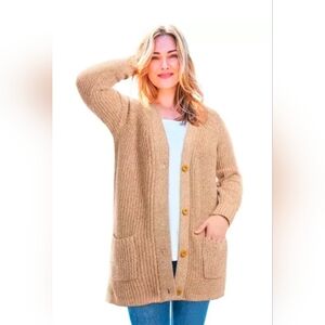 New Woman Within Button-Front Shaker Cardigan Sweater Soft Camel Ivory Marled